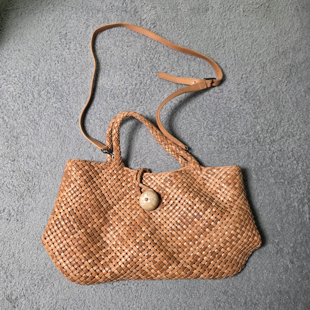 Womens Medium Tote Bag Tan Woven Leather Stone Toggle Crossbody